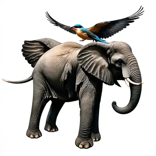 elephant with kookaburra flying next to it  tattoo design idea