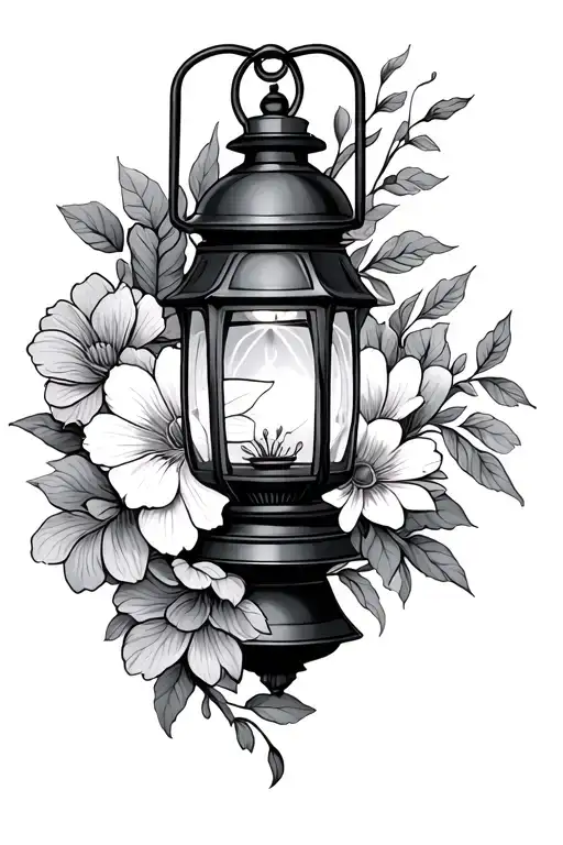 flowers and lantern tattoo design idea