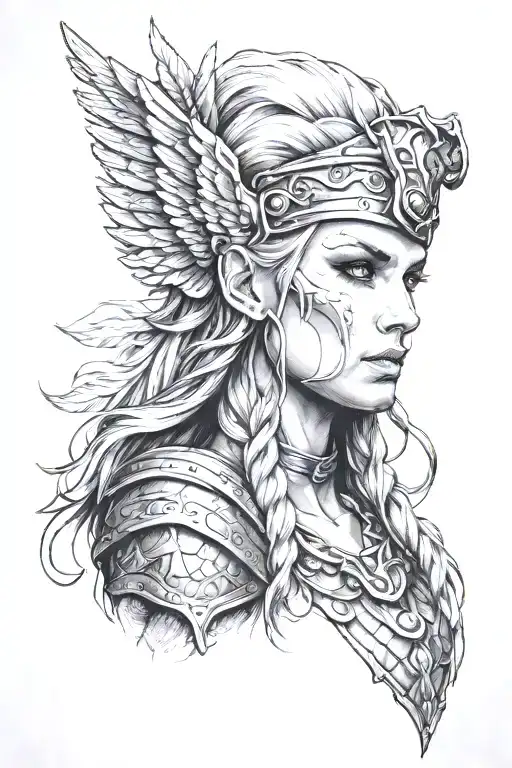 visage profil valkyrie warrior woman holding tattoo design idea