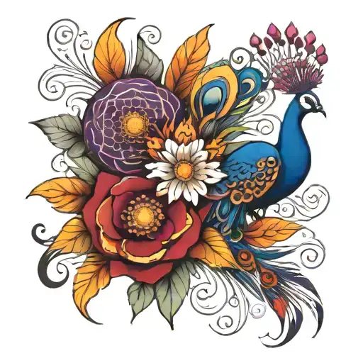 4 flowers red purple white and orange with filigree in-between. Centerpiece peacock in Native American style tattoo design idea