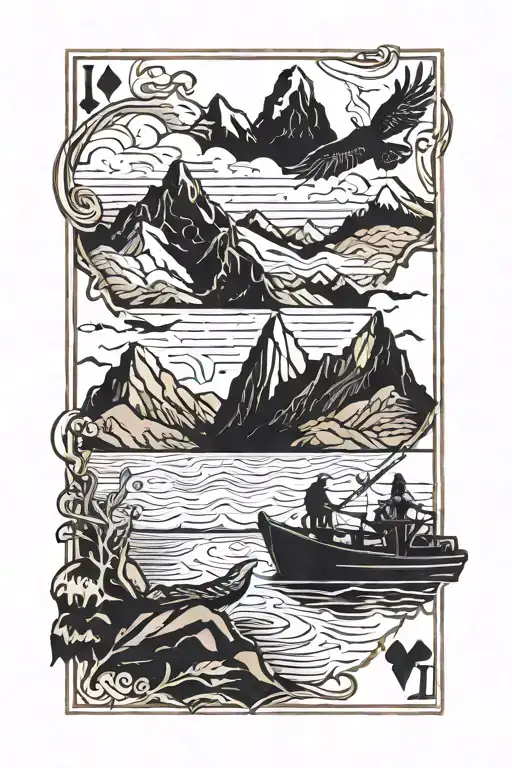 silhouette fishing in a fishing boat in the mountains, eagle in the distant, playing card tattoo design idea