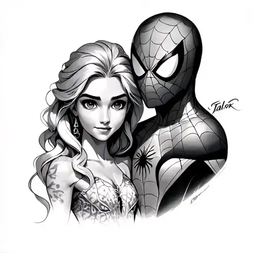 spiderman and elsa with the names taylor and carter tattoo design idea