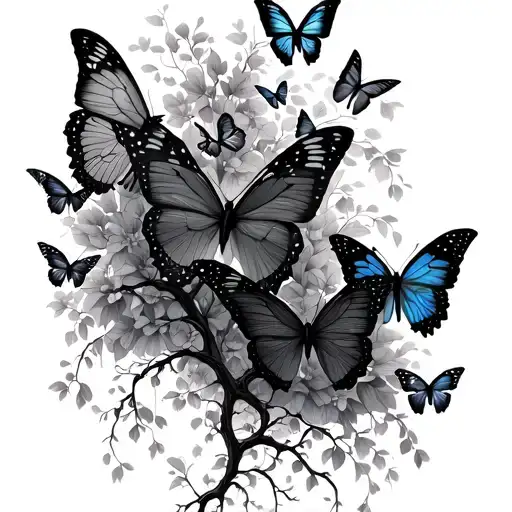 thick long tree trunk vine straight, covered in butterflies tattoo design idea