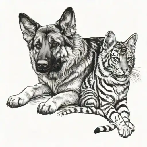 German Shepherd with tuxedo cat, black and white cat, and tiger cat tattoo design idea