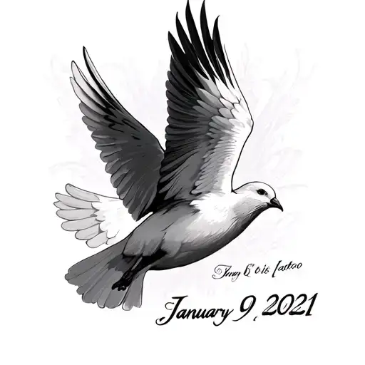 Dove flying, with words written "January 9, 2021 In Roman Numerals tattoo design idea