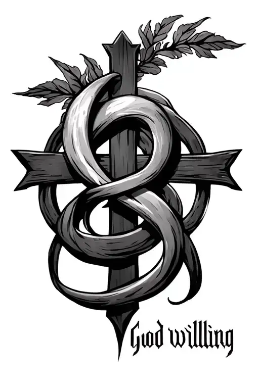 "god willing" with a cross intertwined tattoo design idea