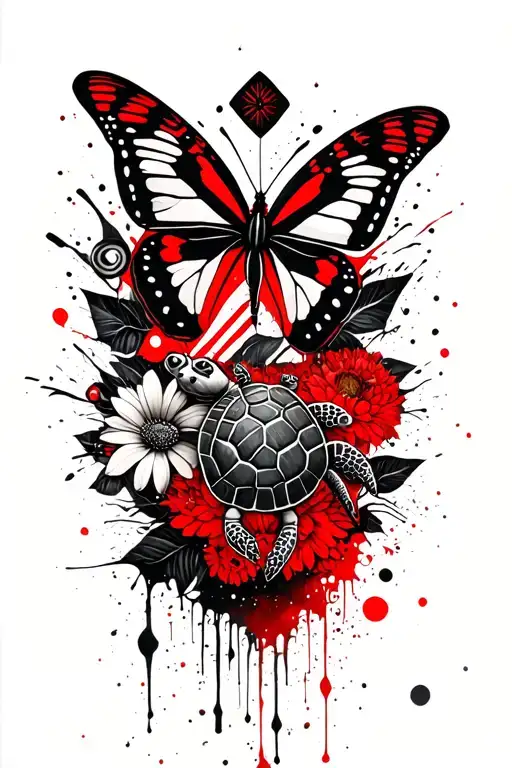a fine line completely black tattoo of one vertical line with various symbols under each oth: butterfly, turtle, mimosa, tattoo design idea