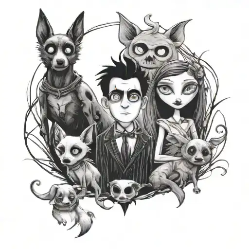 Have the main characters with their dogs from frankenweenie, corpse bride, and nightmare before Christmas in a tattoo tattoo design idea
