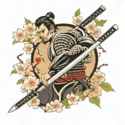 samurai sword and cherry blossoms tattoo design idea