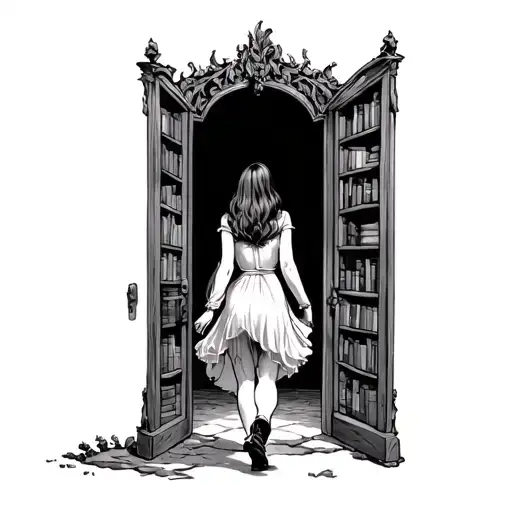 woman walking through a door opening into a fantasy world add bookshelves around the door fantasy world scene through op tattoo design idea