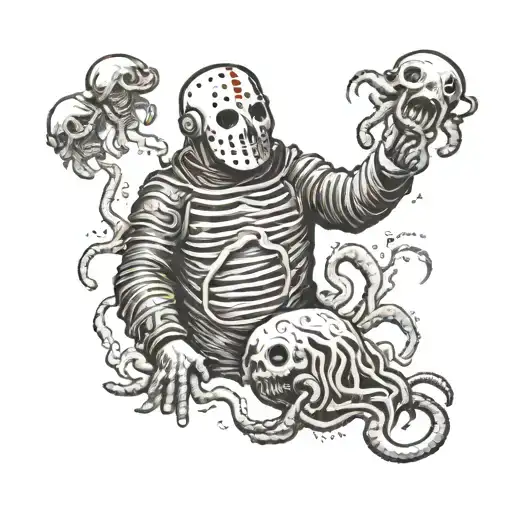 Tattoo sketch: Jason Voorhees, a tardigrade and the jellyfish turritopsis dohrnii lead a round dance tattoo design idea