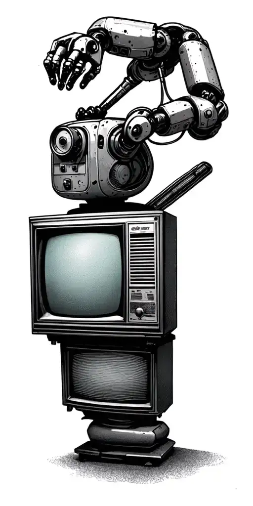Create a tattoo of a vintage TV set with a robotic arm tuning the channels tattoo design idea