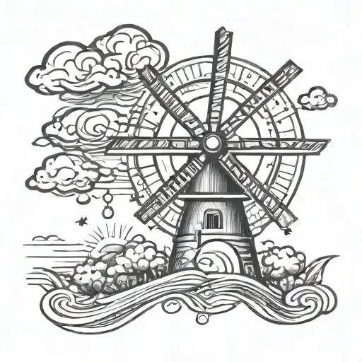 small windmill with sun clouds and rainbow tattoo design idea