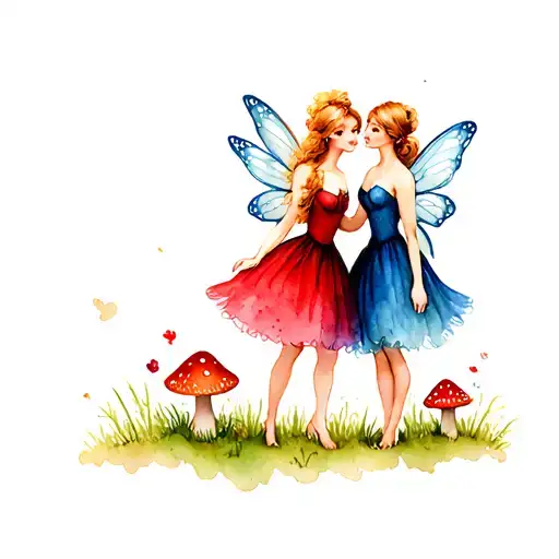 two fairies (red dress with strawberry blond hair, blue dress with blond) in a woodland scene with toadstools tattoo design idea