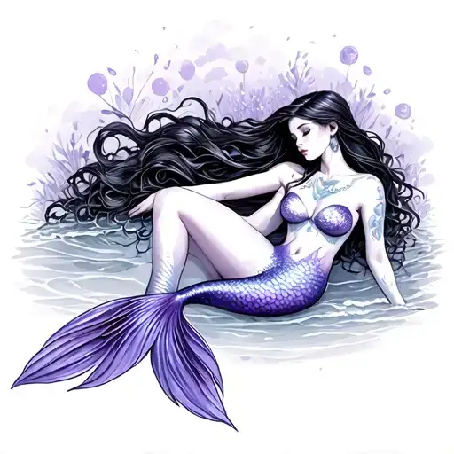 A fantasy-style mermaid girl resting gracefully on a mystical beach, silver-blue shimmering tail, long flowing lavender tattoo design idea