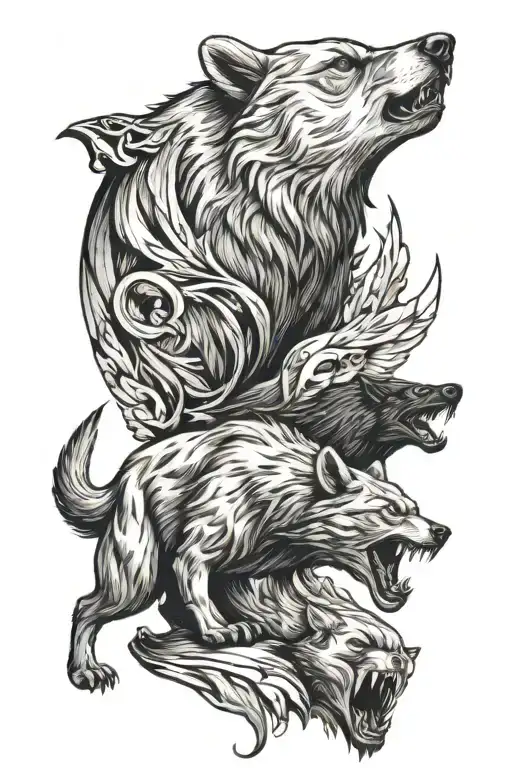 bear roaring, wolf howling, cougar climbing, raven sitting tattoo design idea