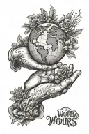 hands holding earth with text below it saying the world is yours. lots of black shading  tattoo design idea