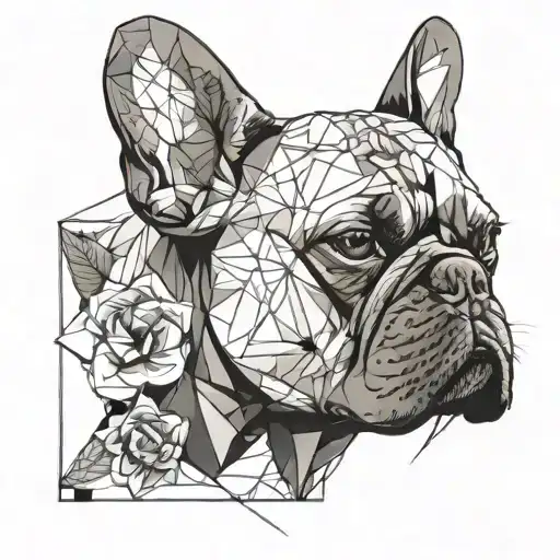 french bulldog, drip, split line, flowers tattoo design idea