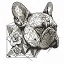 french bulldog, drip, split line, flowers tattoo design idea