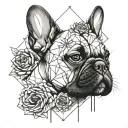 french bulldog, drip, split line, flowers tattoo design idea