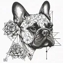 french bulldog, drip, split line, flowers tattoo design idea