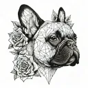 french bulldog, drip, split line, flowers tattoo design idea