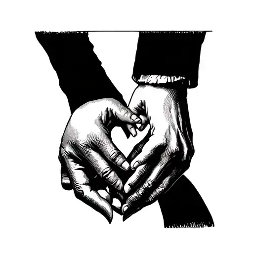 the hand of a woman and the hand of a man forming a heart and on the thumb the hand of a baby holding each other tattoo design idea