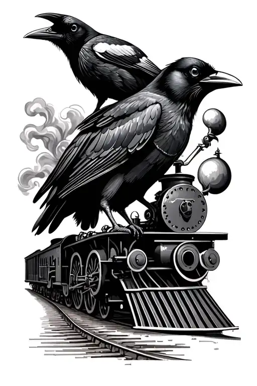 crow, magpie, steam train, harmonica on a leg sleeve tattoo design idea