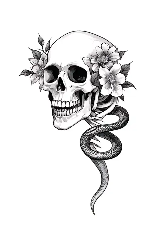 skeleton bones with flowers and snake wrapped tattoo design idea