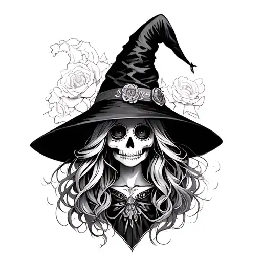 witch tattoo with sugar skull, black and white shading with white highlights, some color as accent, lair scene tattoo design idea