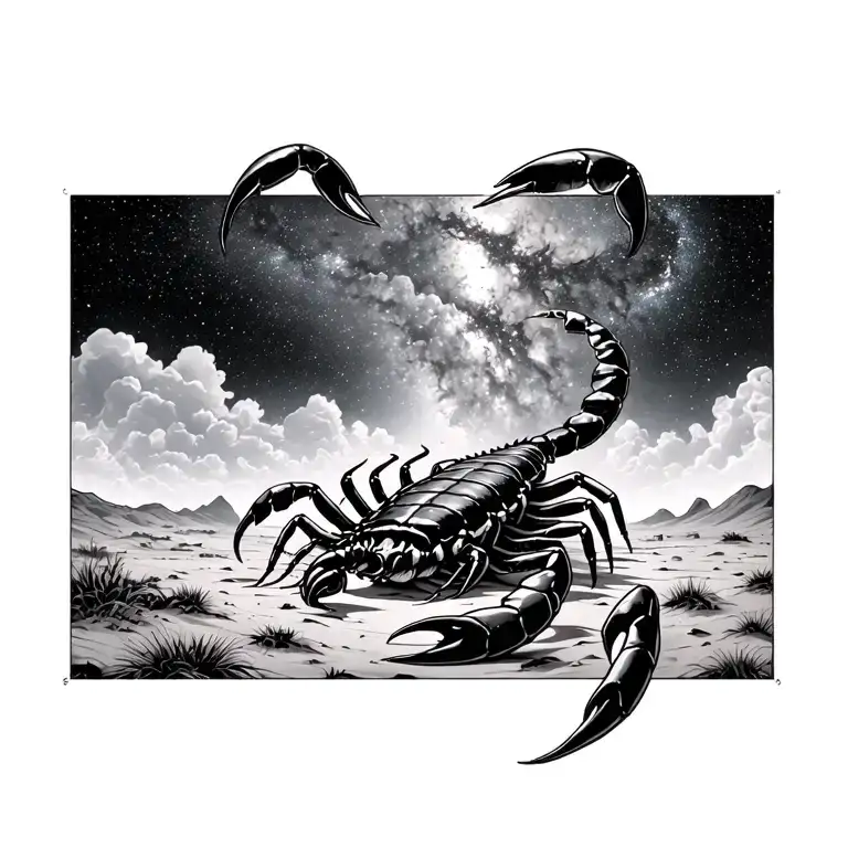 scorpion in the desert under a storm clouds under a galaxy tattoo design idea