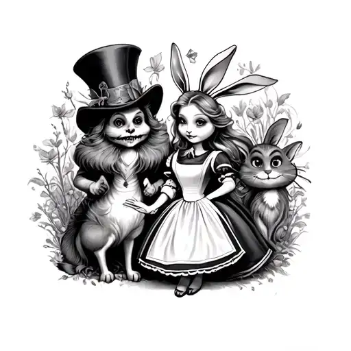 Dark, twisted, and creepy Alice and wonderland with the catapiller, mad hatter, rabbit, Alice, and the cheshire cat  tattoo design idea
