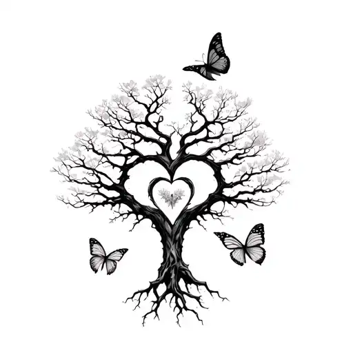 Dead tree with roots forming a heart and a butterfly perched on one of its branches. The drawing is all in black and whi tattoo design idea