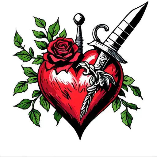 traditional sacred heart with dagger piercing and black rose tattoo design idea