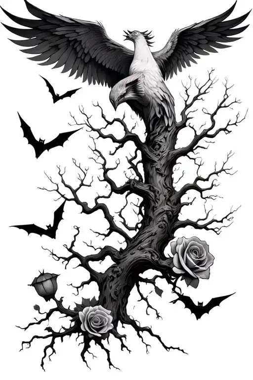 poison tree with bats flying away from the tree and with withered roses, phoenix cover the forearm tattoo design idea
