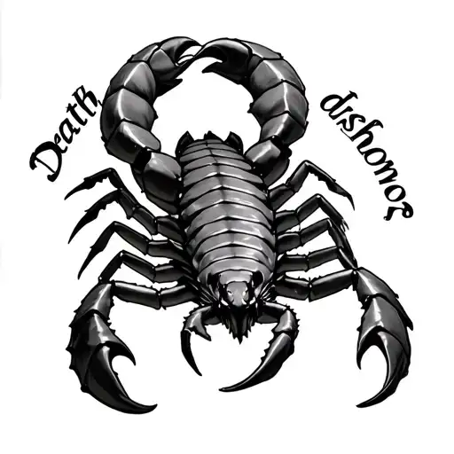 a 3d scorpion with its tail up ready to attack and around it written "death before dishonor" tattoo design idea