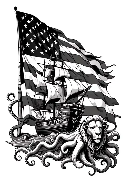 American Flag primarily black, with an Exploration Ship, a Lamb rising into a lion, an octopus, Melpomene, and Thalia tattoo design idea
