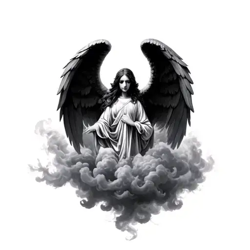 symetrical, faceless angel, clouds, smoke, large latin text tattoo design idea