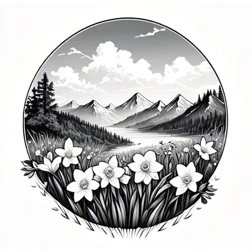 Nature themed tattoo to add on to existing daffodils and mountains tattoo design idea