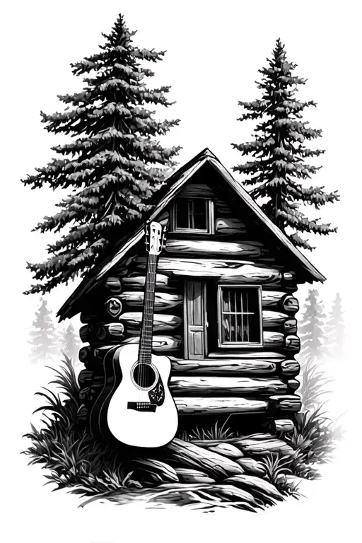 Log Cabin With An Acoustic Guitar Nature Scene  tattoo design idea