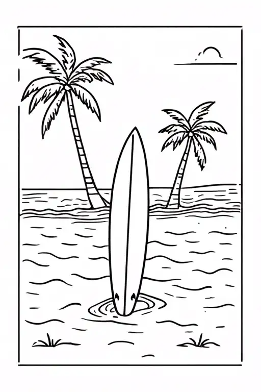 Surfboard stuck in sandy beach scene with palm trees tattoo design idea