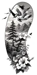 pine trees, hibiscus flowers,clouds, doves, crows, mountains, wildflowers tattoo design idea