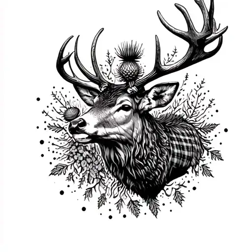 Stag with Thistle and Black Watch Tartan tattoo design idea