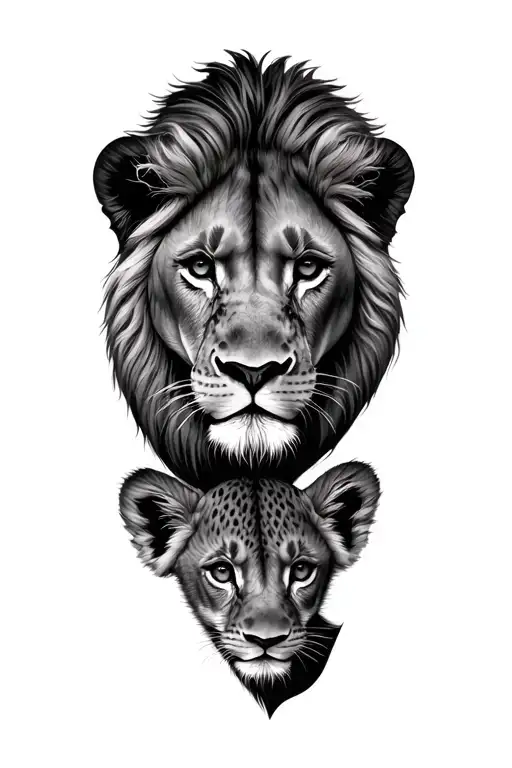 mother lion with a male cub and female cub faces tattoo design idea