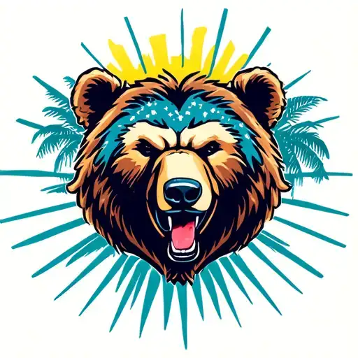 1967 Ford Mustang, Punk Rock, USA Lag, Palm Tree, Sunbeams, aggressive Bear head tattoo design idea