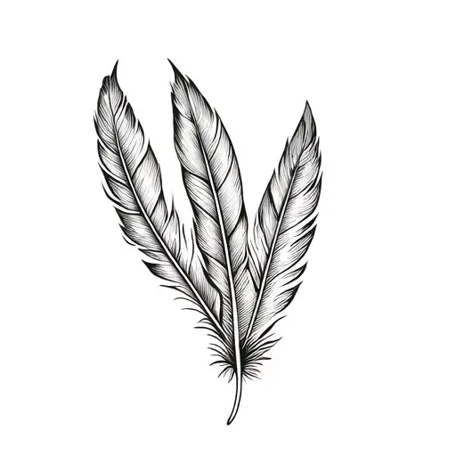 3 feathers together elegant and line art style with some type of floral aspect tattoo design idea