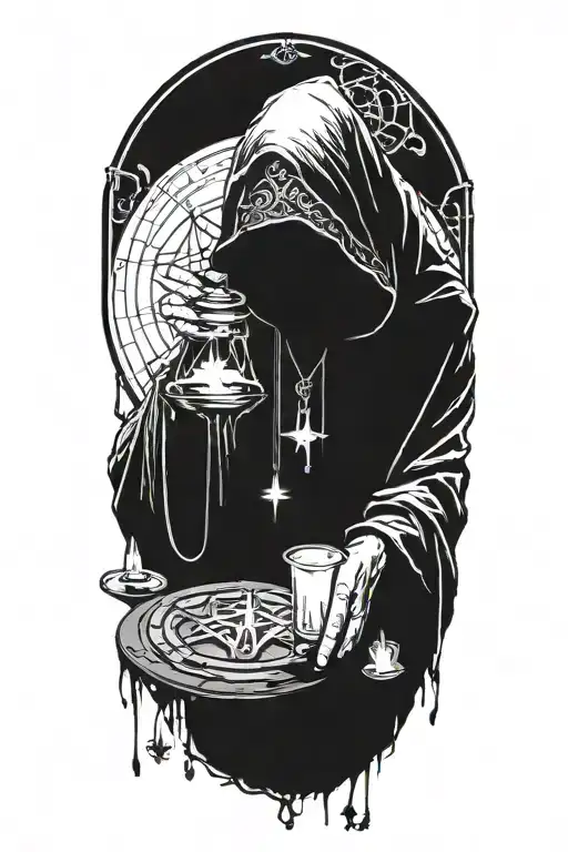 Hodded alchemist performing ritual, pentagram necklace, tarot cards, candles tattoo design idea