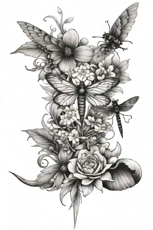 mum flowers, birds, bees, dragon flies, mushrooms tattoo design idea