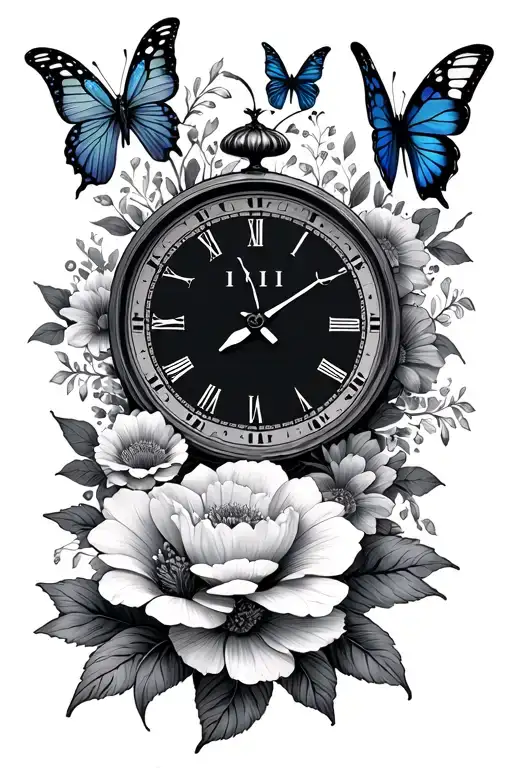 11:11 clock face surrounded by flowers and butterflies  tattoo design idea