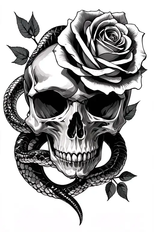 skull snakes roses tattoo design idea